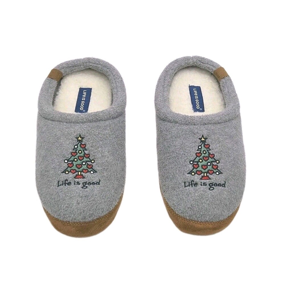 Life Is Good Slippers Scuffs Women Sz Medium 7/8 Christmas Tree Slip On Gray